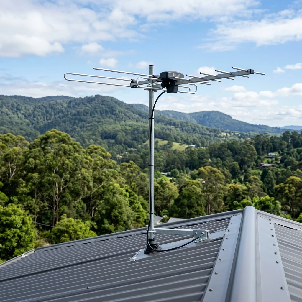 Master Antenna technician installing a digital TV antenna on a Melbourne suburban rooftop at golden hour