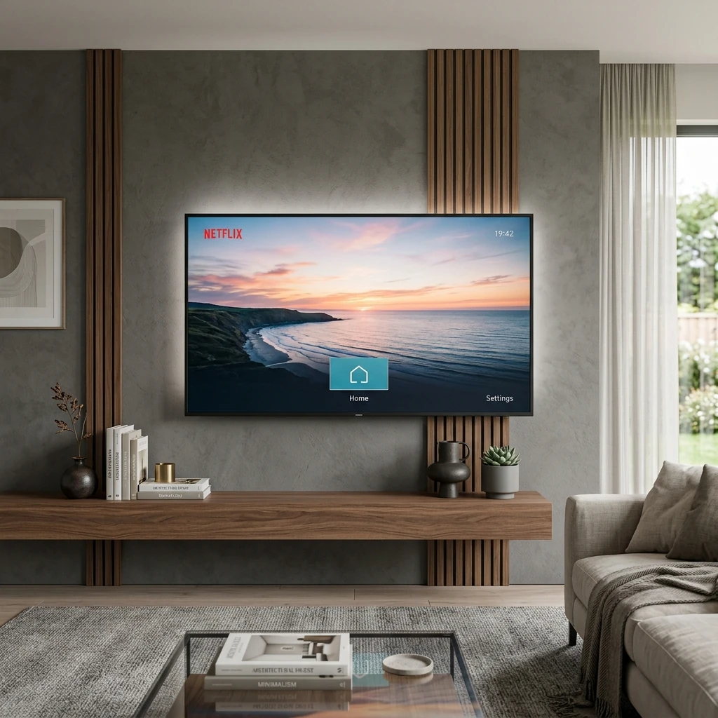 Large flat-screen TV professionally wall mounted in a modern Melbourne living room with cables fully concealed
