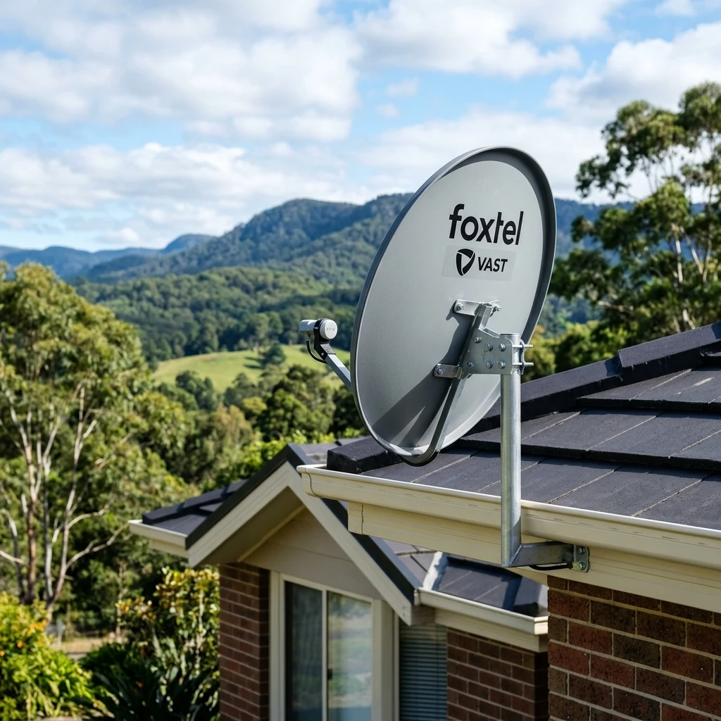 VAST satellite dish installed on a regional Victorian roof with precision alignment to Optus C1/D3